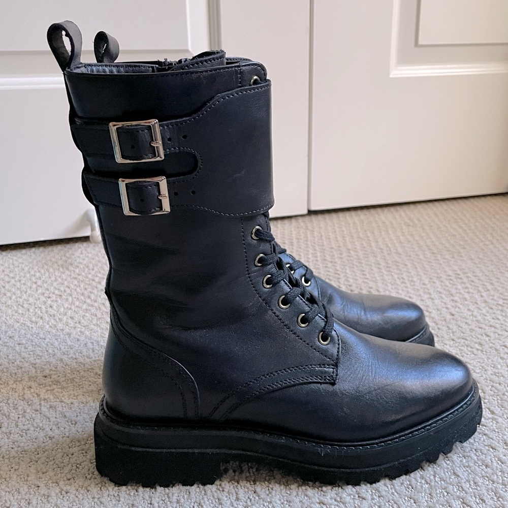 Dune London New Black Mid Calf Combat Boots with gold accents